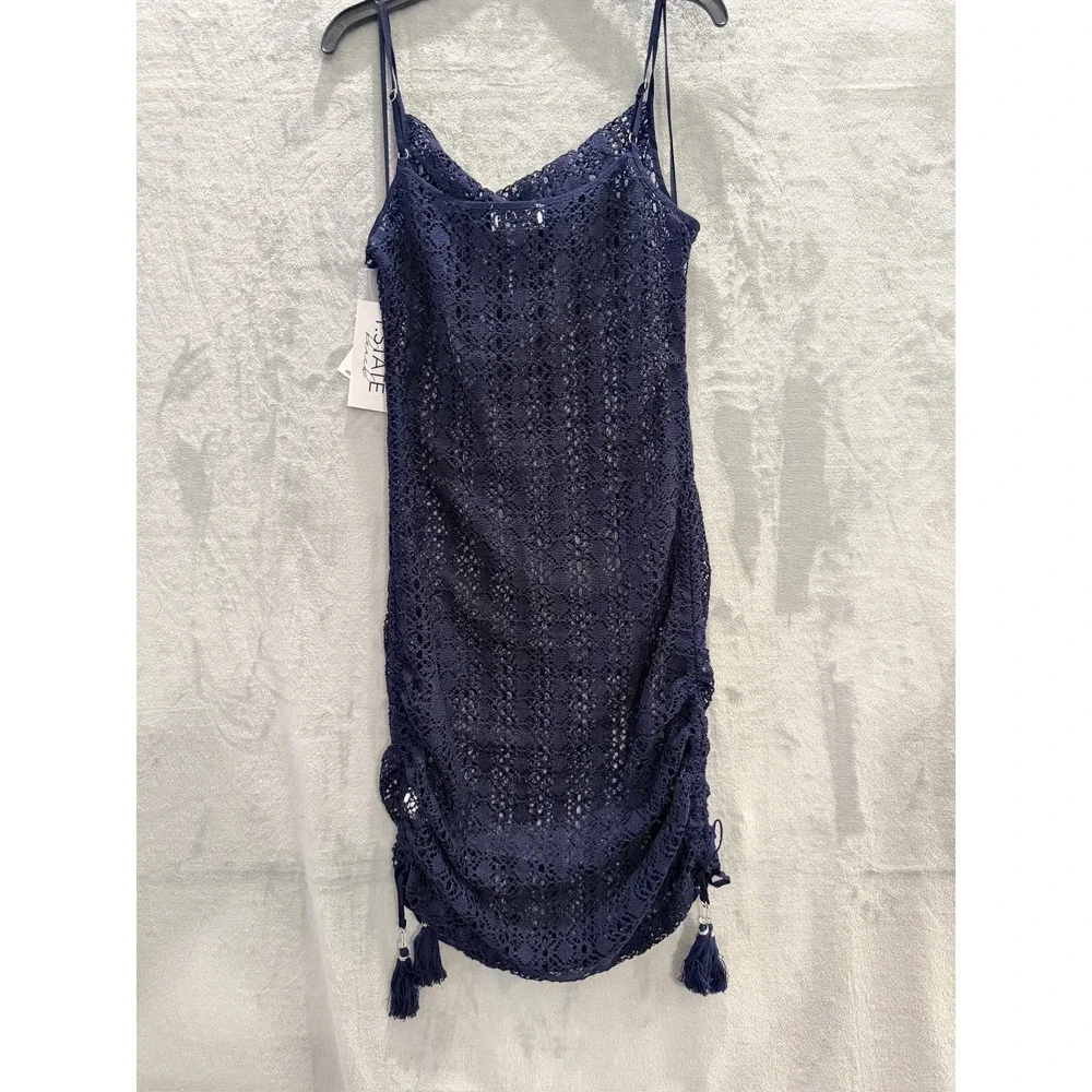 NWT 1.STATE Beach Cover Up Dress Womens Navy Crochet Tassel Ruched XS $59